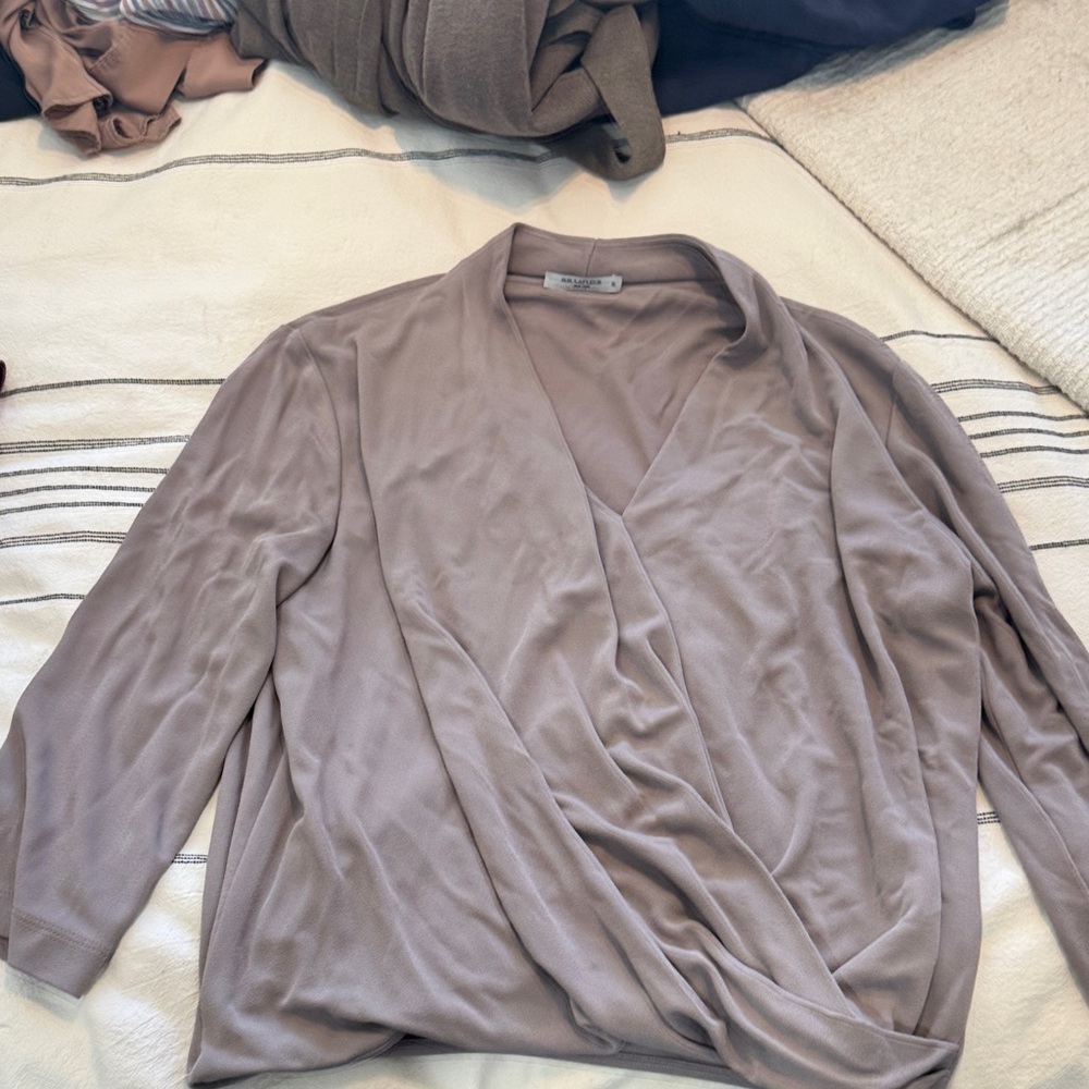 MM. Lafleur Taupe V-Neck Draped Blouse